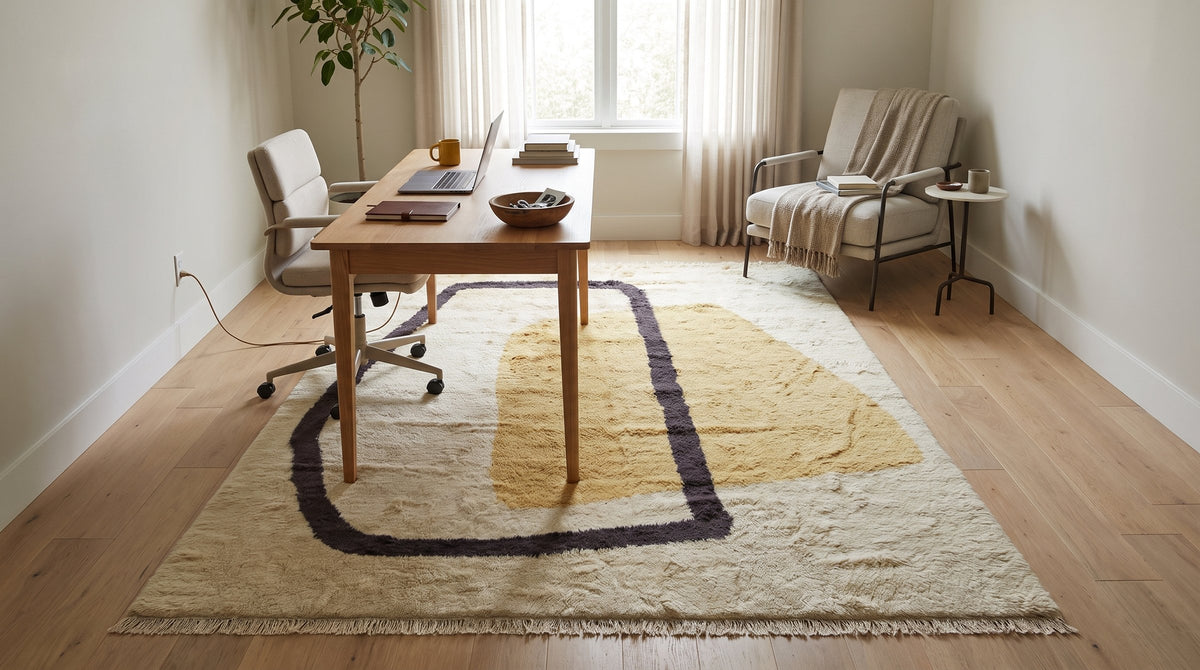 Classic Talia Yellow Hand Knotted Wool Rug in a home office