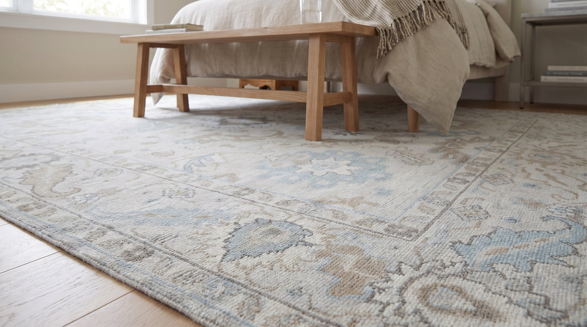 Classic Tessa Beige Hand Knotted Wool Rug in a bedroom