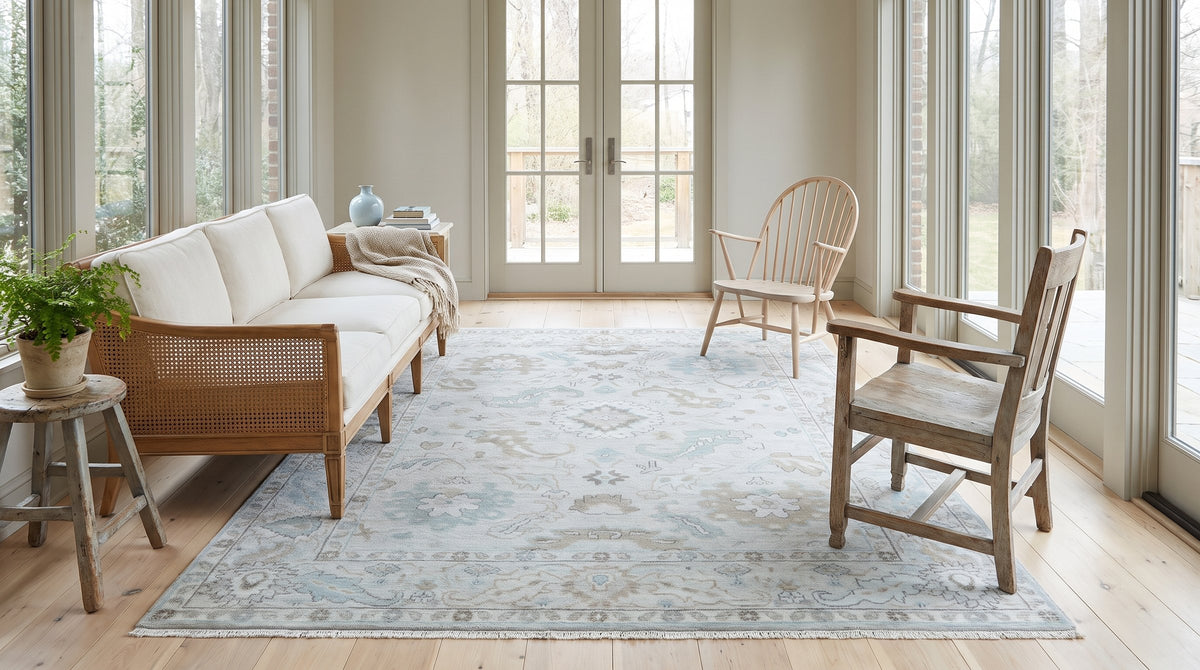 Classic Tessa Beige Hand Knotted Wool Rug in a sunroom