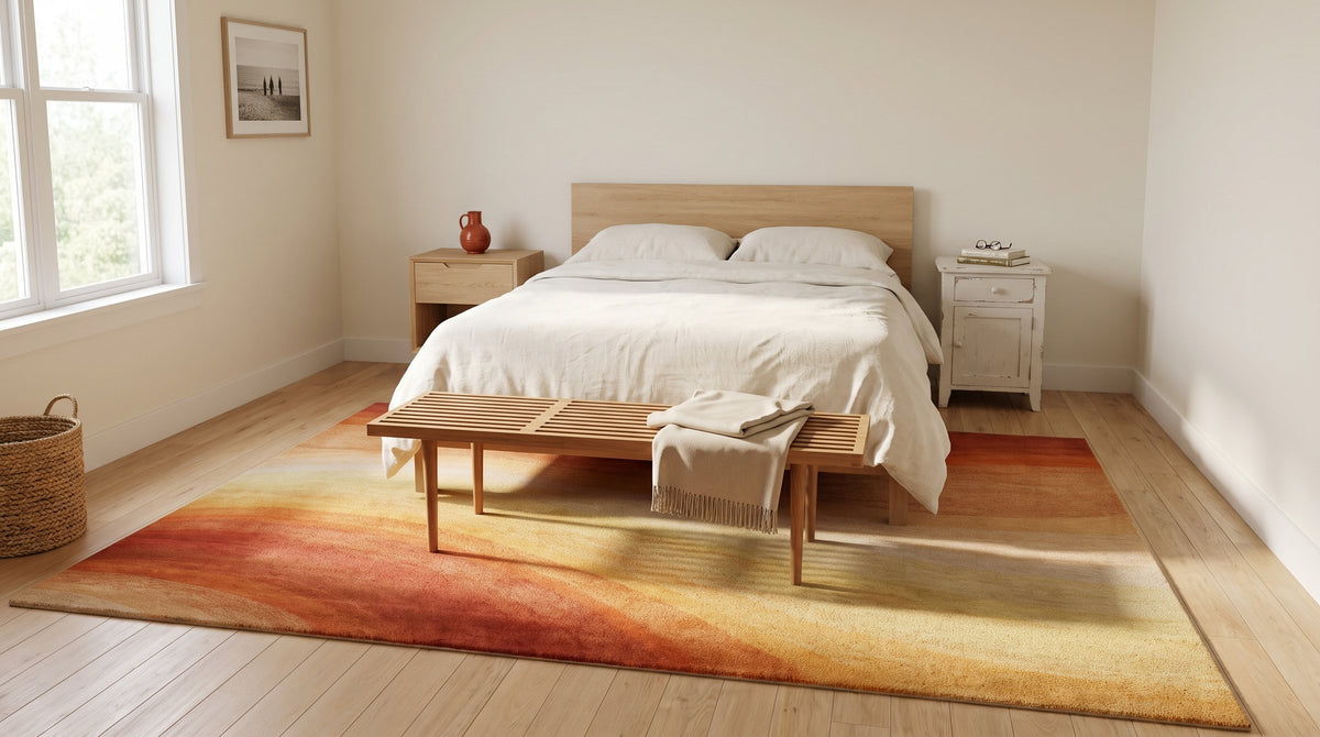 Classic Vibrant Orange Hand Tufted Wool Rug in a bedroom