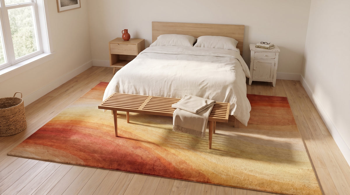 Classic Vibrant Orange Hand Tufted Wool Rug in a bedroom