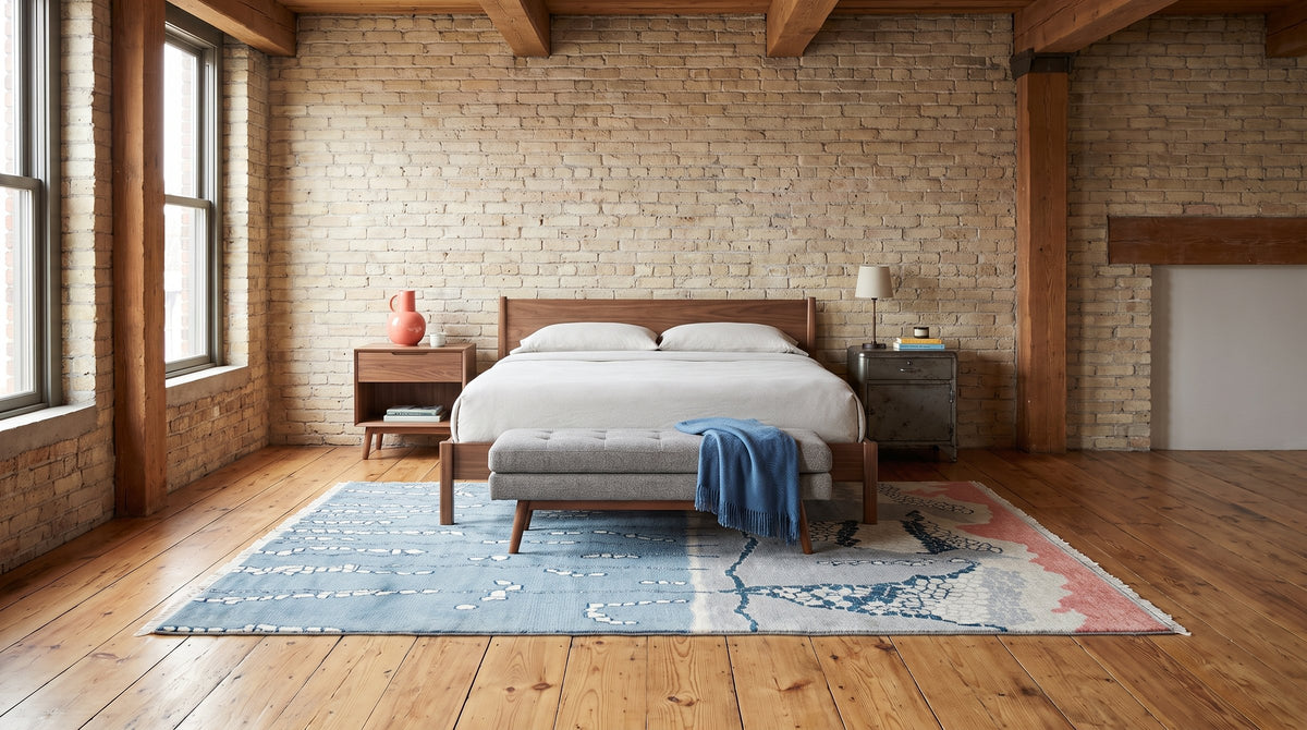 Comfortable Moroccan Multicolor Hand Knotted Wool Rug in a bedroom