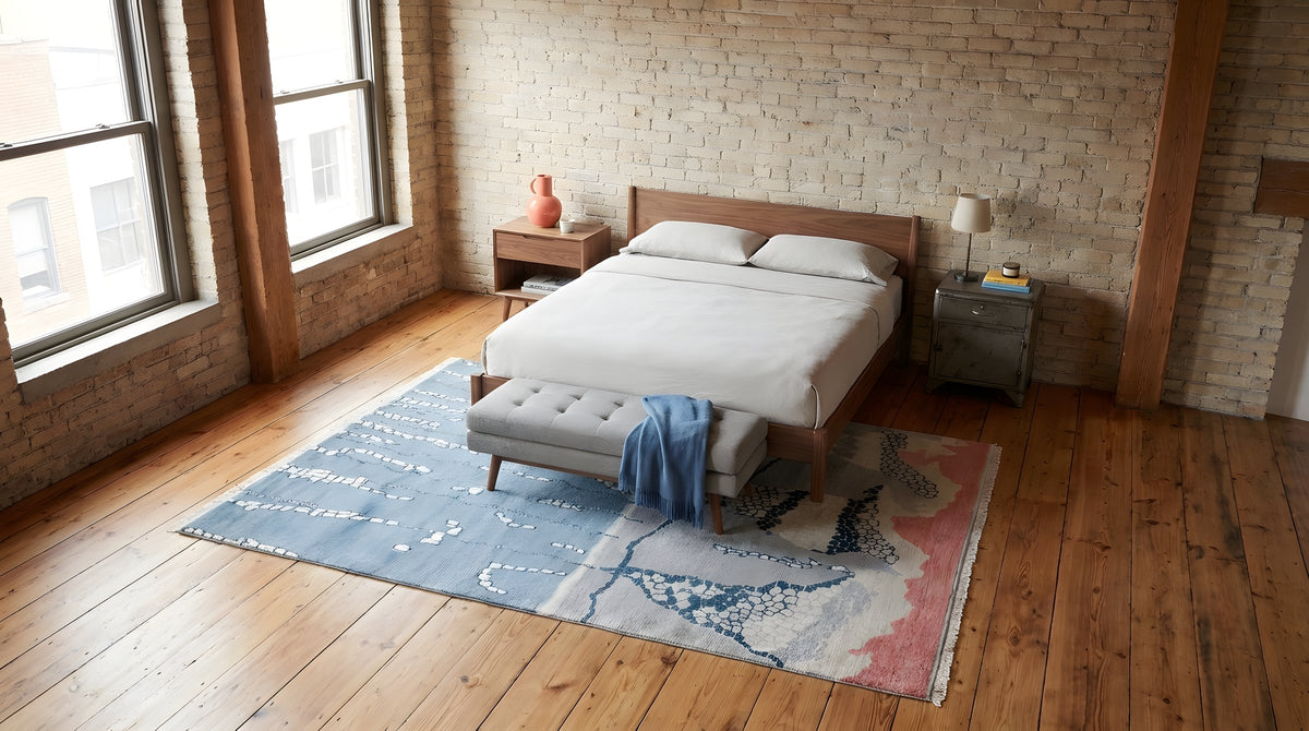 Comfortable Moroccan Multicolor Hand Knotted Wool Rug in a bedroom