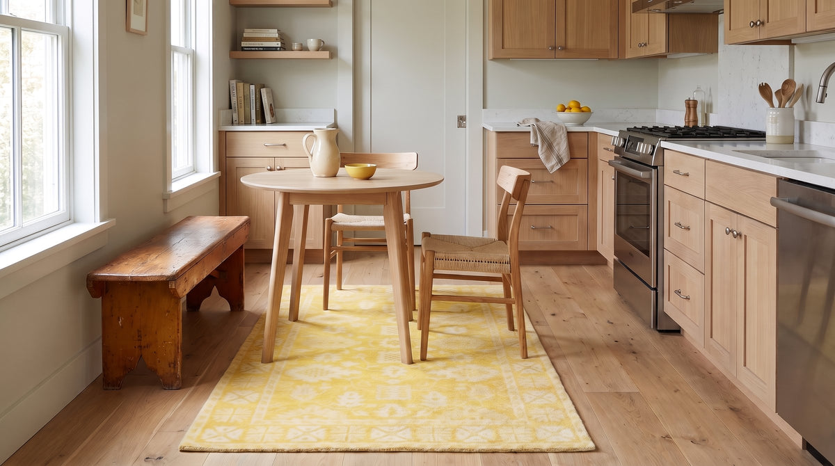 Comfortable Oriental Yellow Hand Tufted Wool Rug in a kitchen