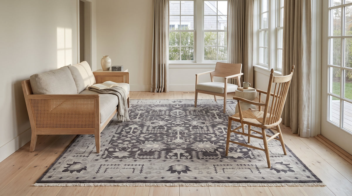 Cozy Oushak Charcoal Hand Knotted Wool Rug in a sunroom