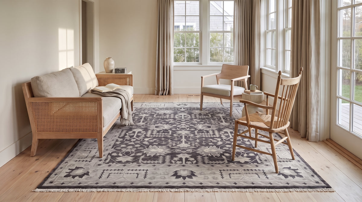 Cozy Oushak Charcoal Hand Knotted Wool Rug in a sunroom
