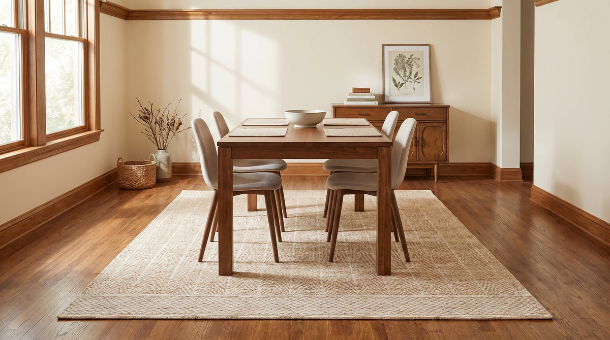 Cozy Vibrant Rust and Ivory Hand Tufted Wool Rug in a dining room