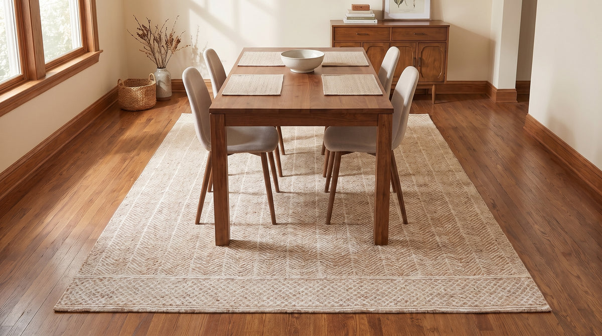 Cozy Vibrant Rust and Ivory Hand Tufted Wool Rug in a dining room