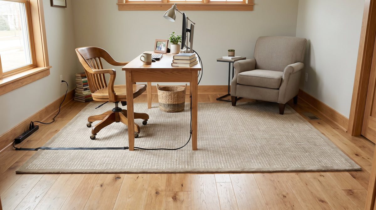 Cozy Willow Brown and Ivory Hand Tufted Wool Rug in a home office