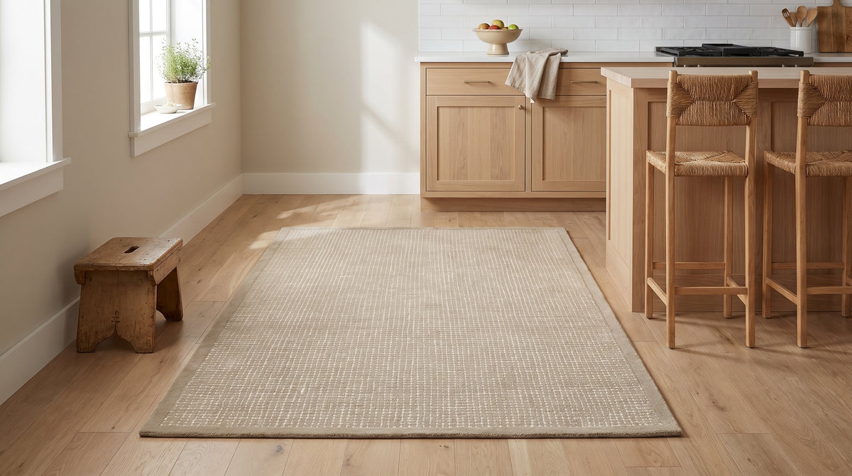 Cozy Willow Brown and Ivory Hand Tufted Wool Rug in a kitchen