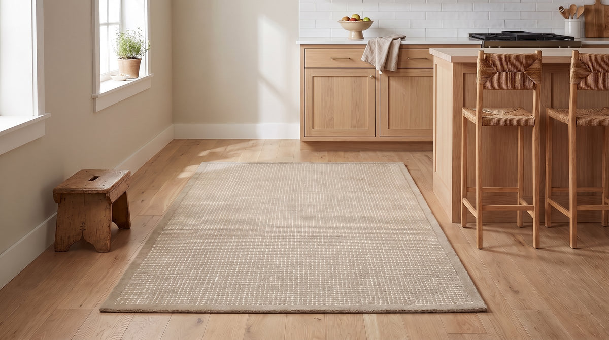 Cozy Willow Brown and Ivory Hand Tufted Wool Rug in a kitchen