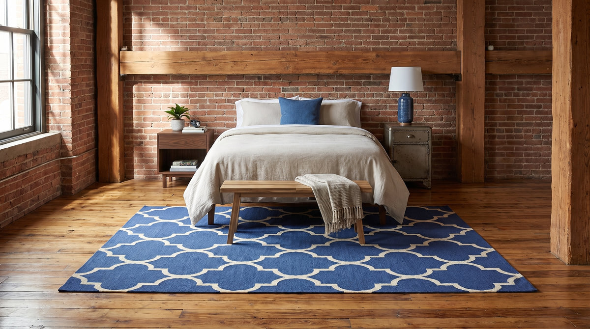 Dazzling Trellis Dark Blue Hand Tufted Wool Rug in a bedroom