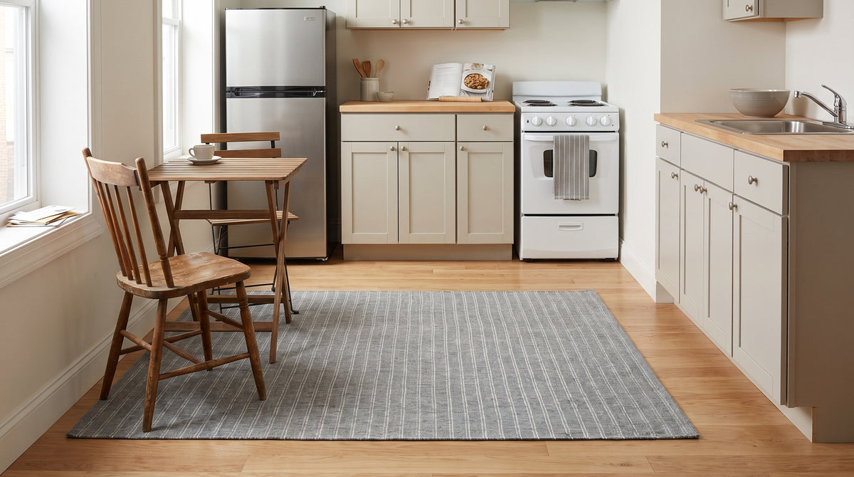 Delicate Giselle Gray Handmade Wool Rug in a kitchen