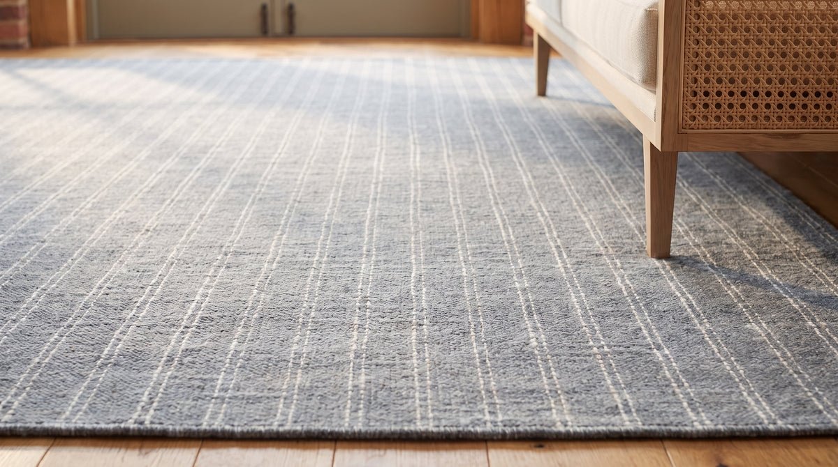 Delicate Giselle Gray Handmade Wool Rug in a sunroom
