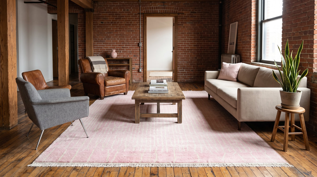 Delicate Moroccan Pink Hand Knotted Wool Rug in a living room