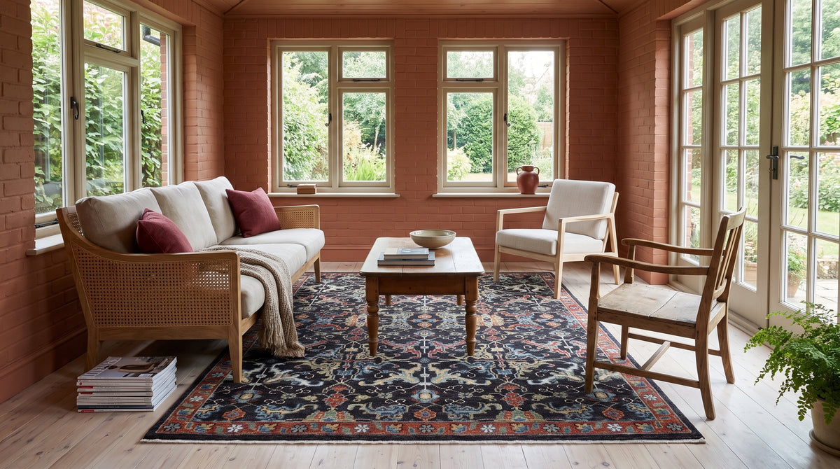 Delicate Oriental Charcoal and Red Hand Knotted Wool Rug in a sunroom