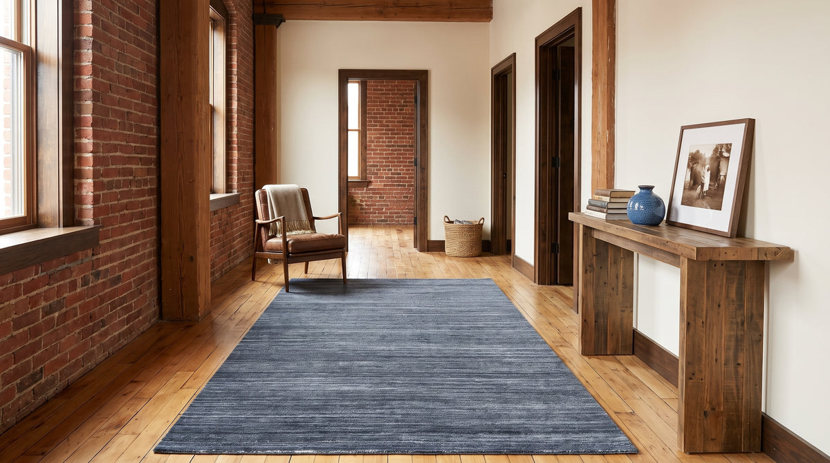 Delicate Striped Charcoal Handmade Wool Rug in a hallway