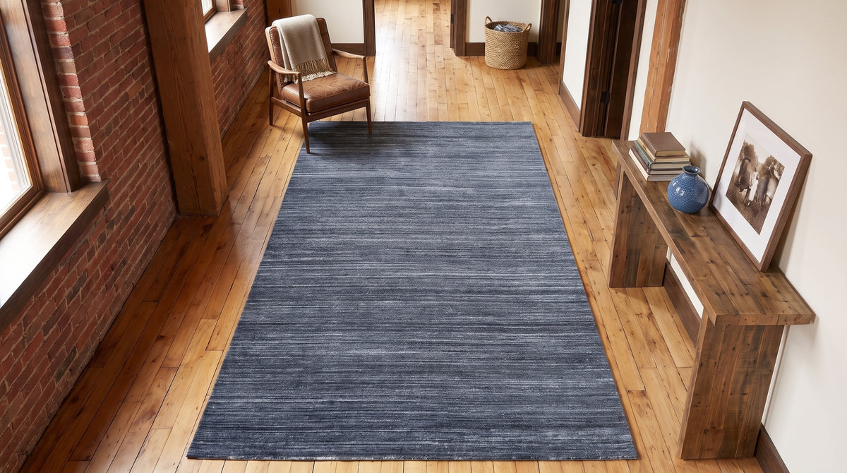 Delicate Striped Charcoal Handmade Wool Rug in a hallway