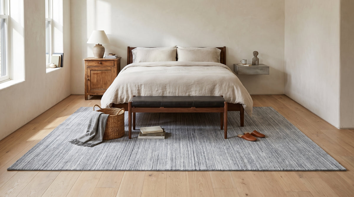 Delicate Striped Gray Handmade Wool Rug in a bedroom
