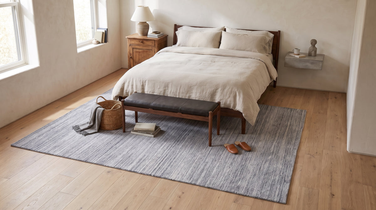 Delicate Striped Gray Handmade Wool Rug in a bedroom