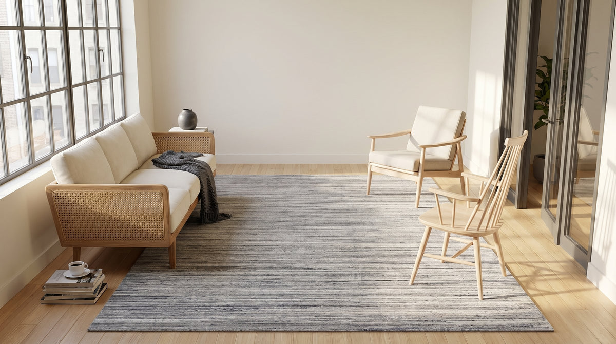 Delicate Striped Ivory Handmade Wool Rug in a sunroom