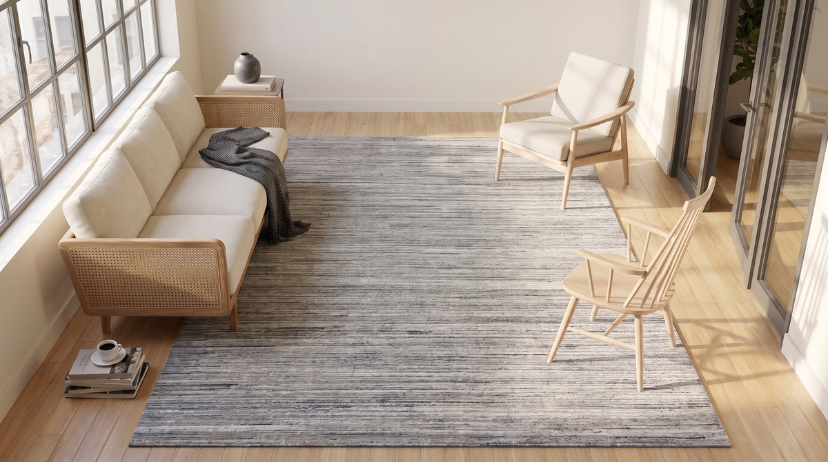 Delicate Striped Ivory Handmade Wool Rug in a sunroom
