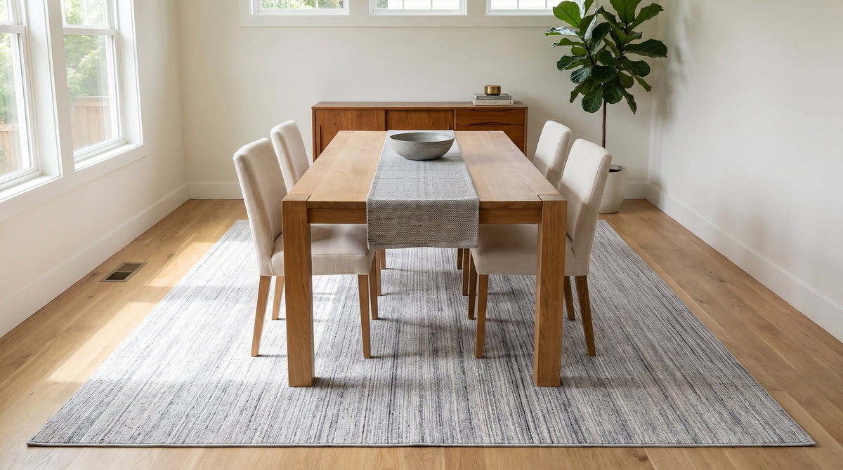 Delicate Striped Silver Handmade Wool Rug in a dining room