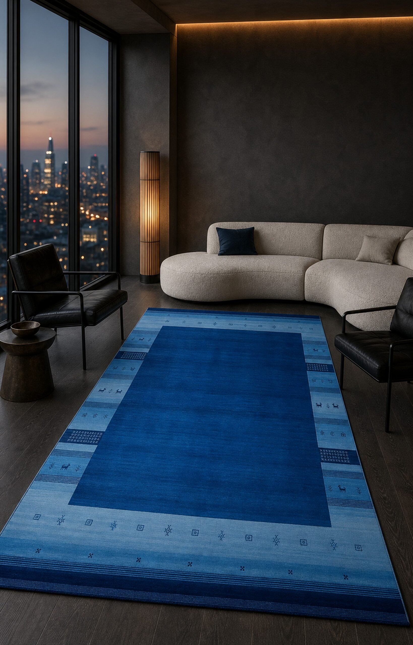 Handloomed Blue Gabbeh Tribal Wool Area Rug in a styled room (1)