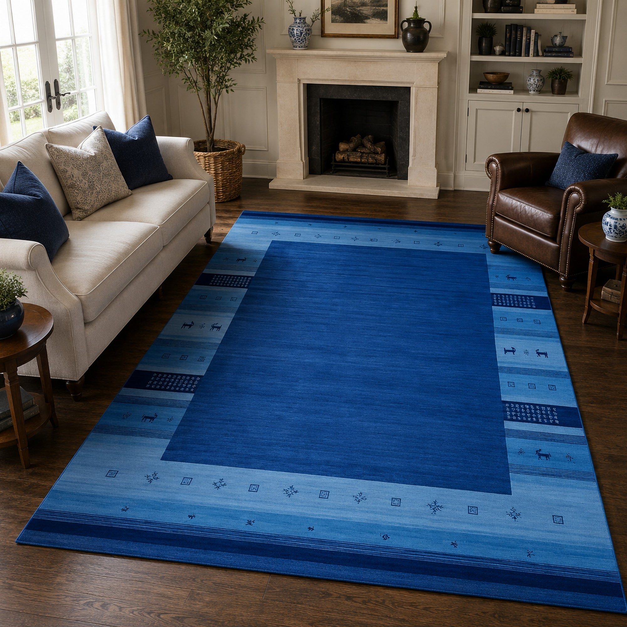 Handloomed Blue Gabbeh Tribal Wool Area Rug in a styled room (2)