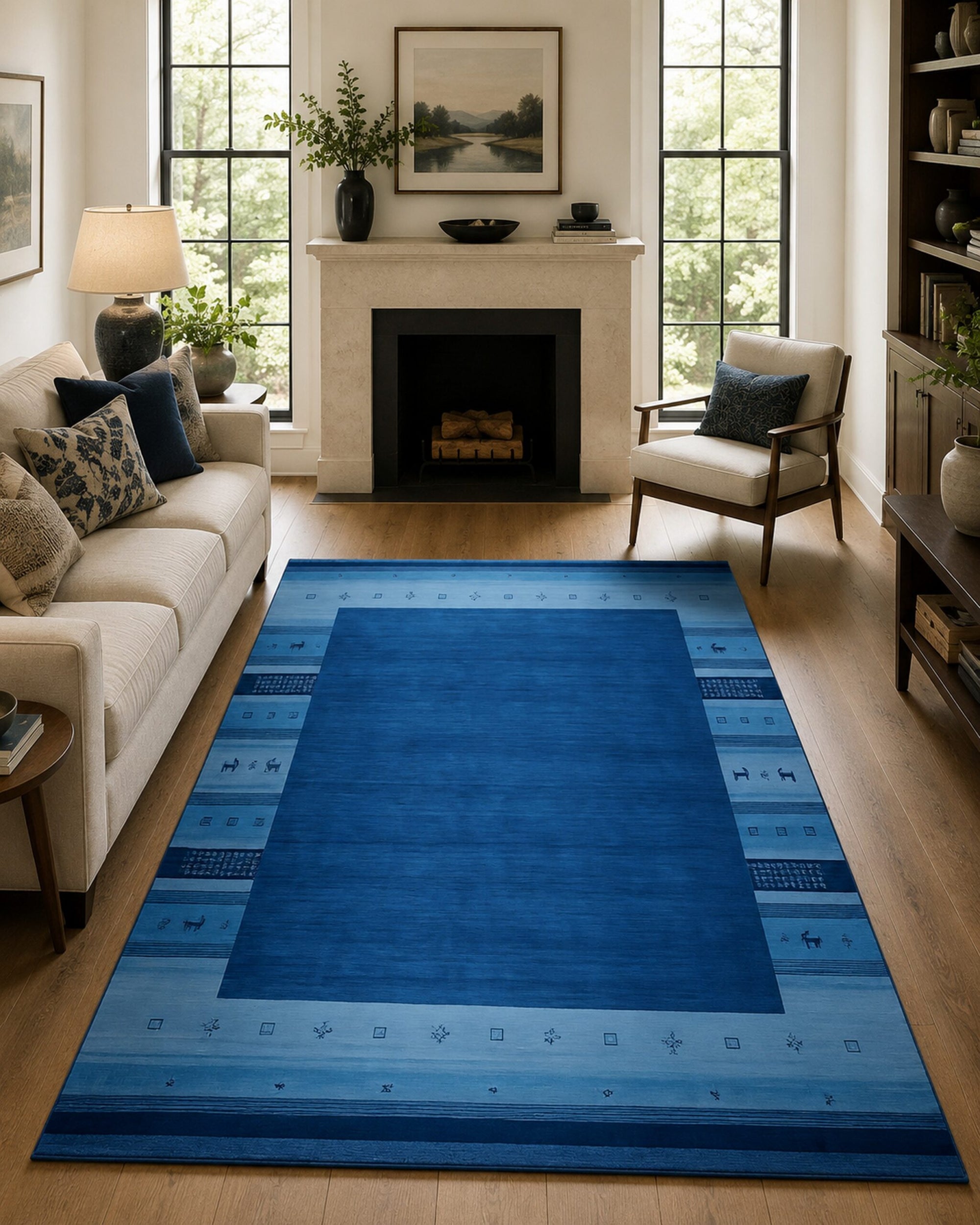 Handloomed Blue Gabbeh Tribal Wool Area Rug in a styled room (3)