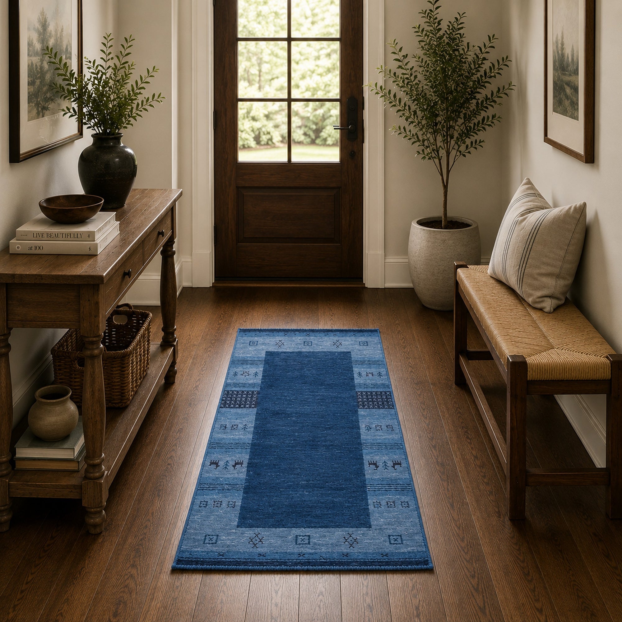 Handloomed Blue Gabbeh Tribal Wool Area Rug in a styled room (4)