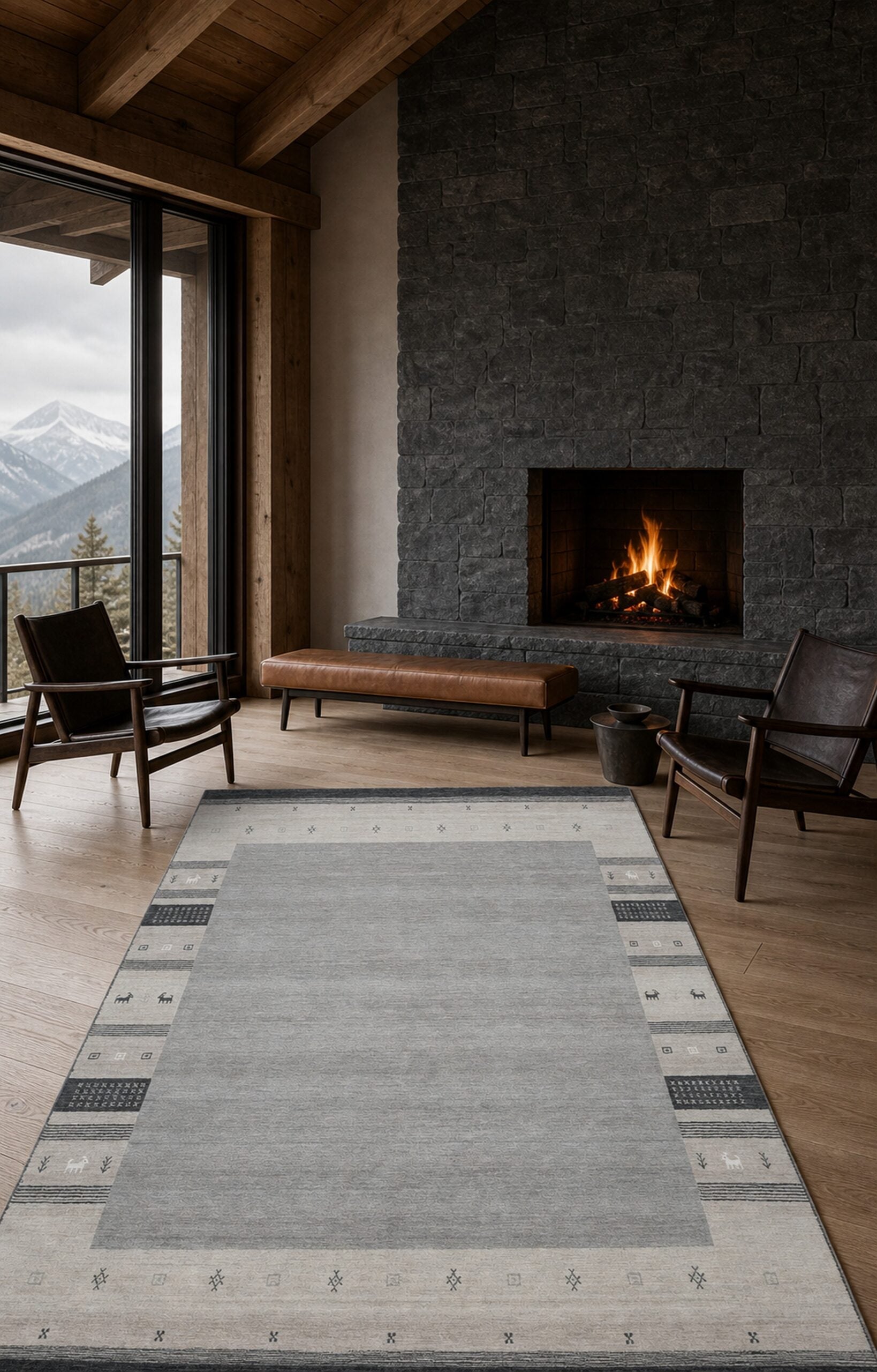 Handloomed Gray Gabbeh Tribal Wool Area Rug in a styled room (1)