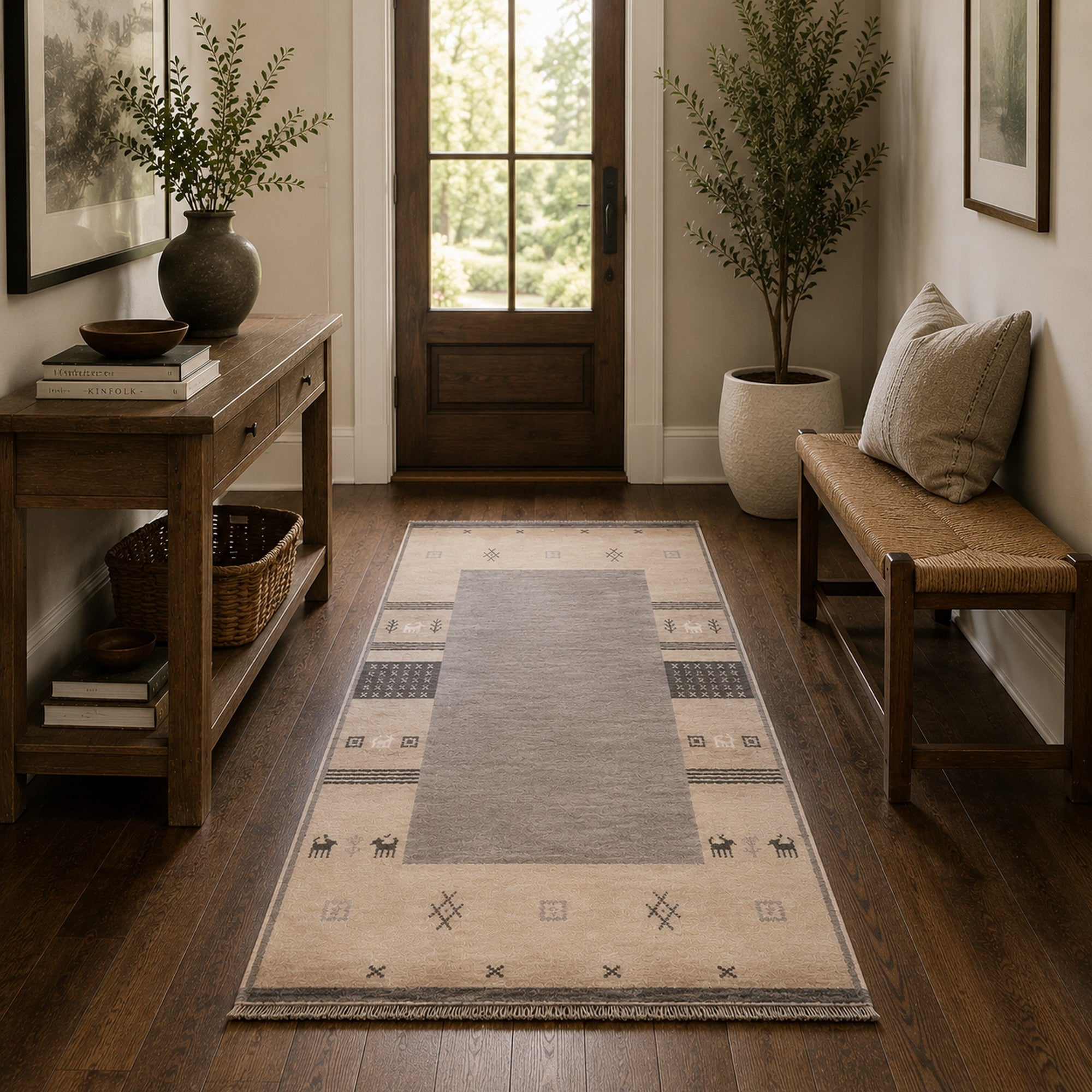 Handloomed Gray Gabbeh Tribal Wool Area Rug in a styled room (4)