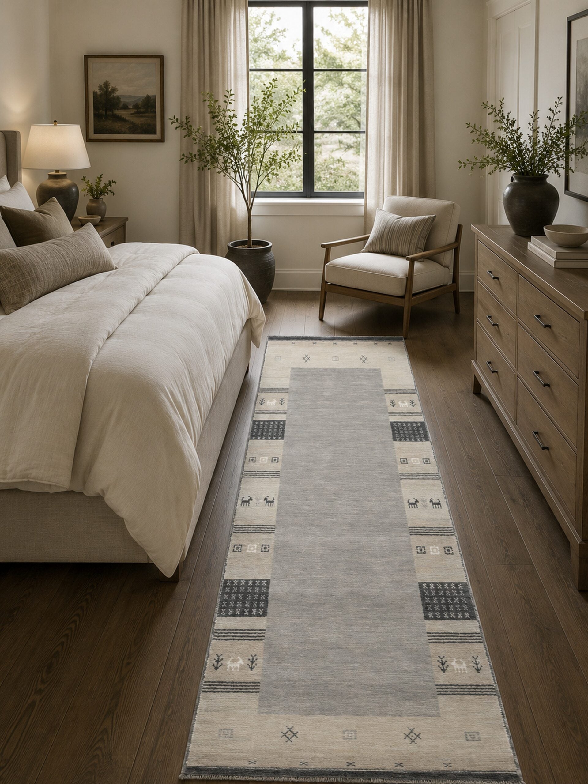 Handloomed Gray Gabbeh Tribal Wool Area Rug in a styled room (5)