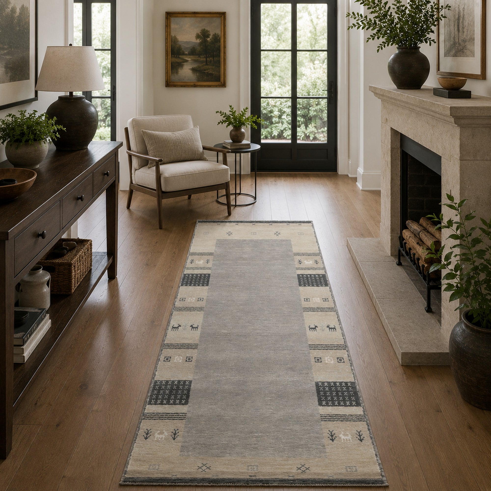 Handloomed Gray Gabbeh Tribal Wool Area Rug in a styled room (6)