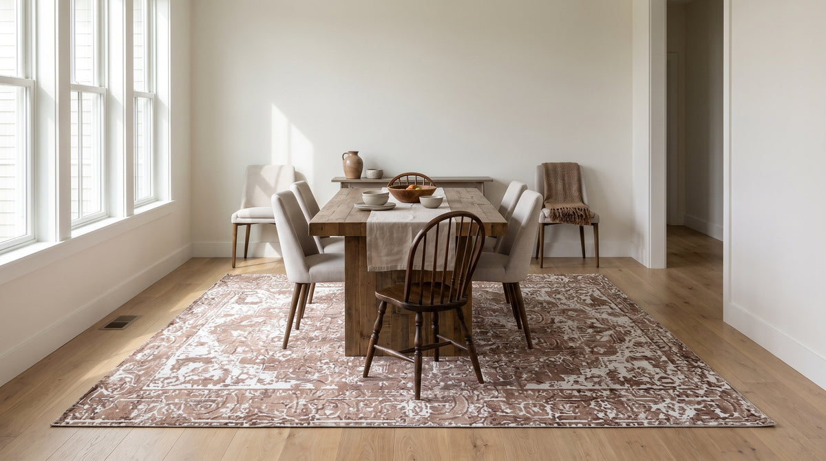Elegant Versatile Ivory and Copper Hand Knotted Wool Rug in a dining room