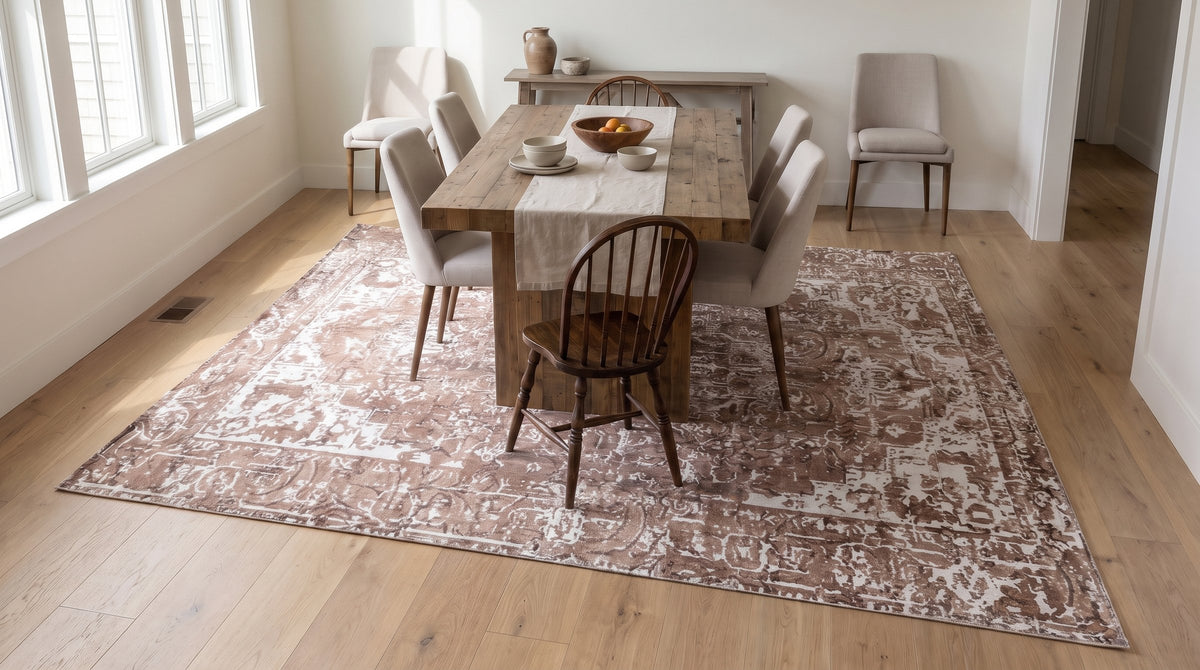 Elegant Versatile Ivory and Copper Hand Knotted Wool Rug in a dining room