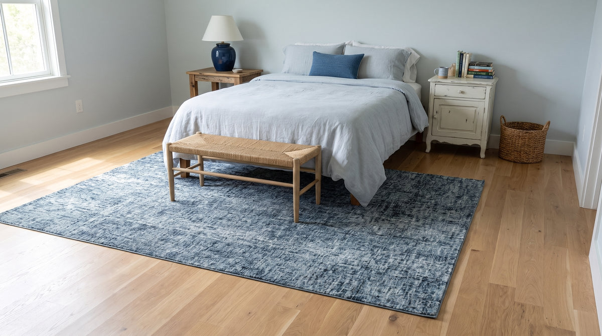 Elena Modern Dark Blue Hand Tufted Wool Rug in a bedroom