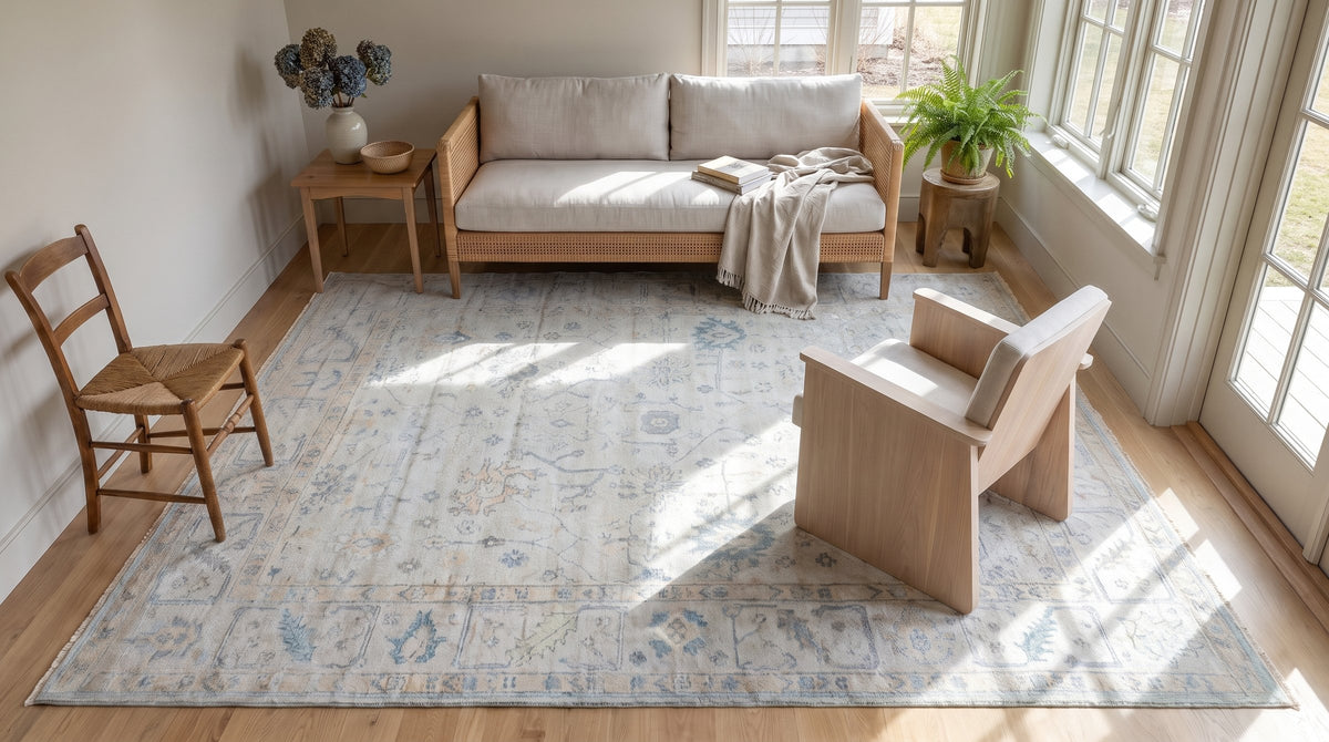 Elena Para Ivory Hand Knotted Silk Rug in a sunroom