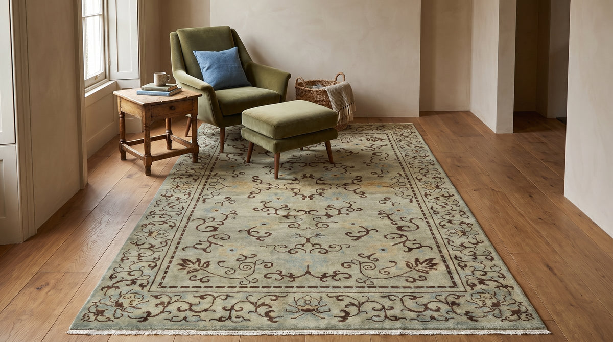 Elena Rustic Green Hand Knotted Wool Rug in a reading nook