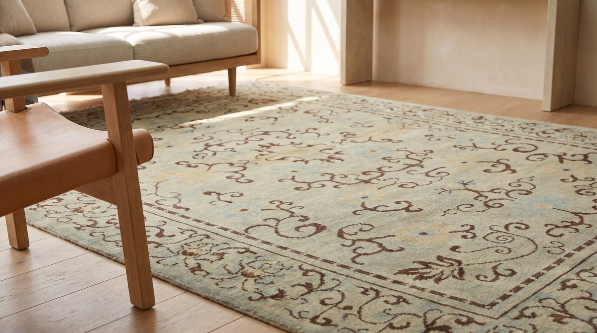 Elena Rustic Green Hand Knotted Wool Rug in a sunroom