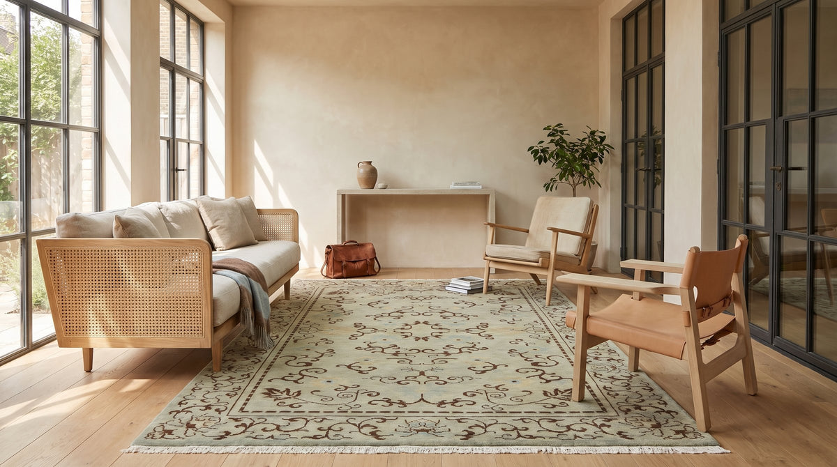 Elena Rustic Green Hand Knotted Wool Rug in a sunroom
