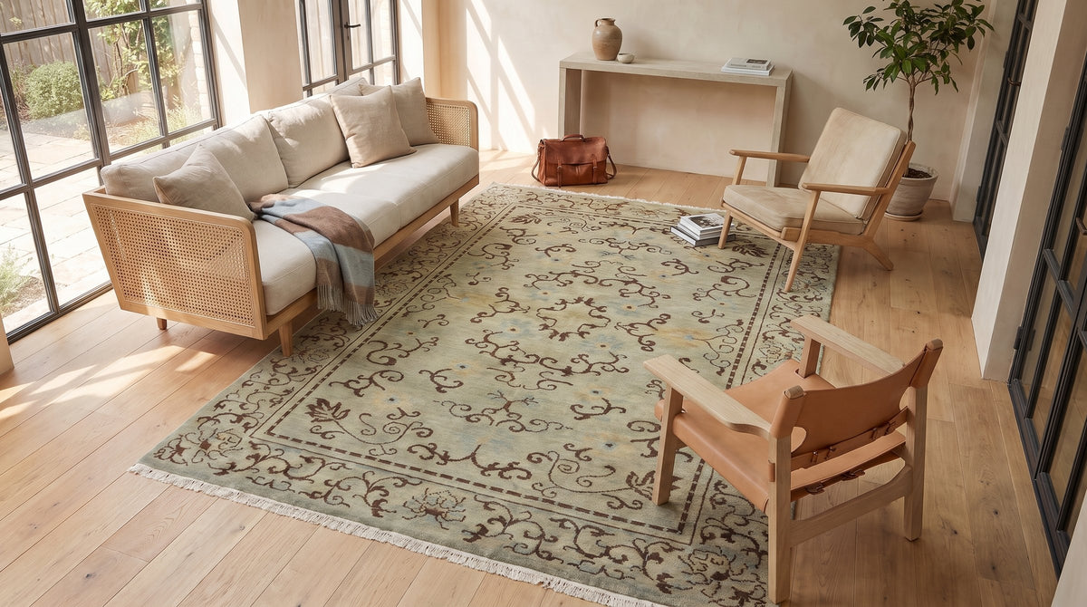 Elena Rustic Green Hand Knotted Wool Rug in a sunroom