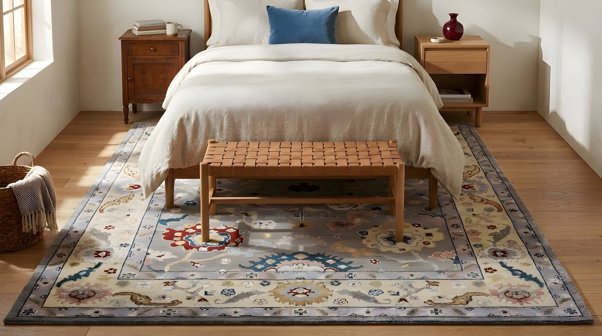 Ella Handcrafted Gray and Gold Hand Knotted Wool Rug in a bedroom