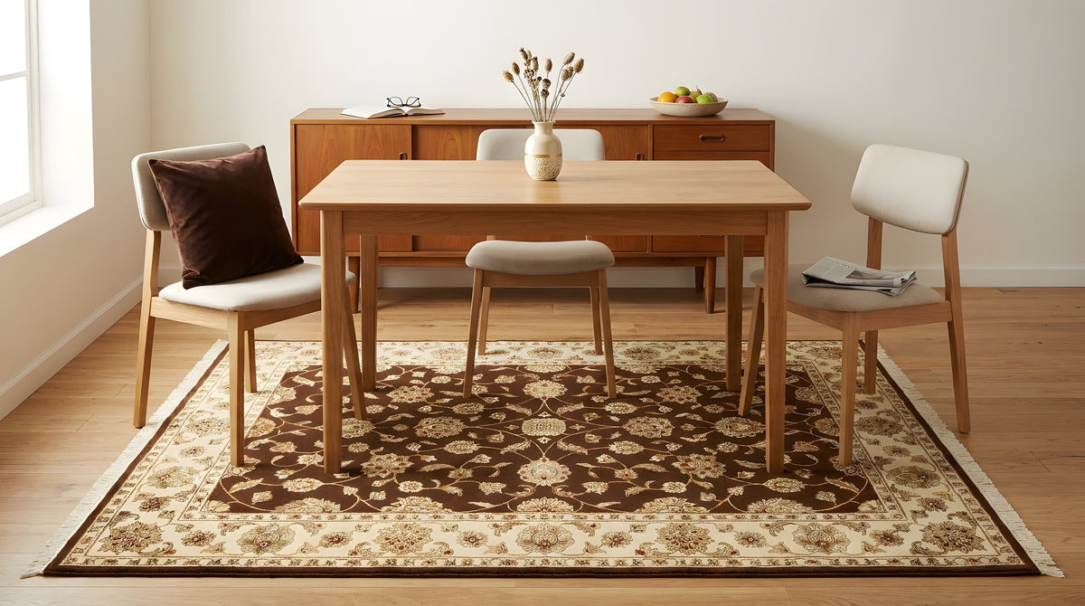 Ella Isla Multicolor Hand Knotted Wool & Silk Rug in a dining room