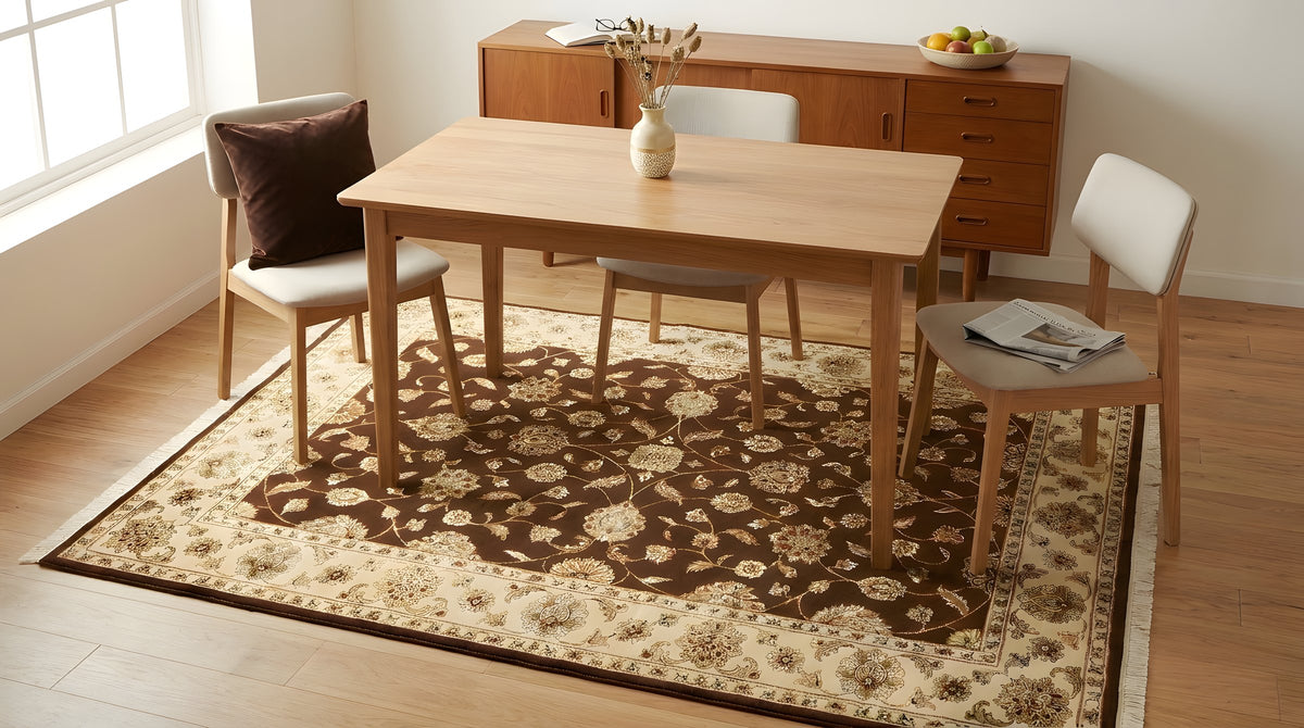 Ella Isla Multicolor Hand Knotted Wool & Silk Rug in a dining room