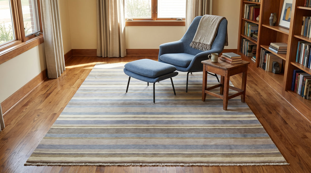 Ella Rustic Brown and Blue Handmade Wool Rug in a reading nook
