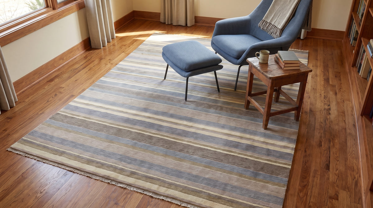 Ella Rustic Brown and Blue Handmade Wool Rug in a reading nook