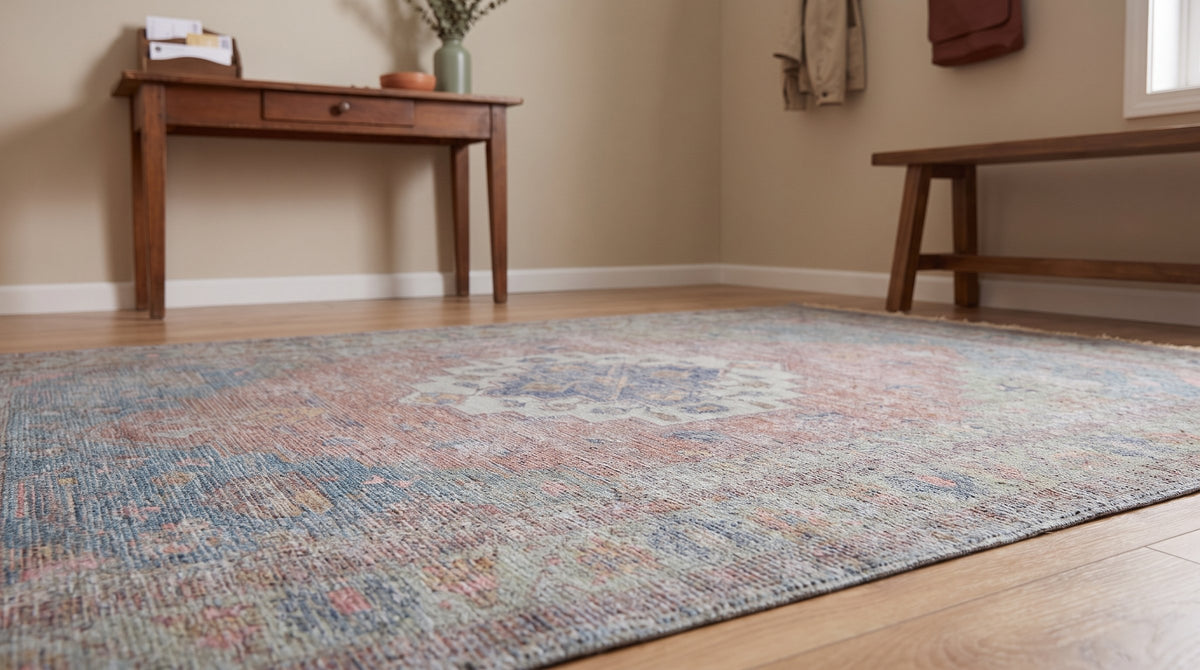 Ember Heritage Blue Handmade Wool Rug in a entryway