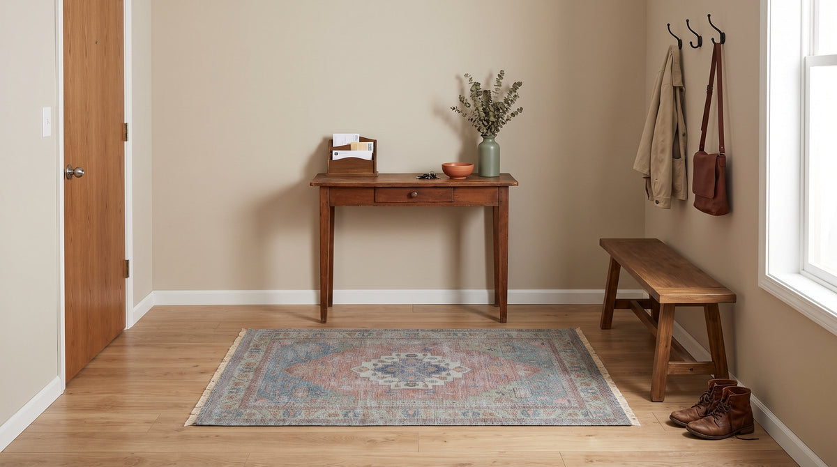 Ember Heritage Blue Handmade Wool Rug in a entryway